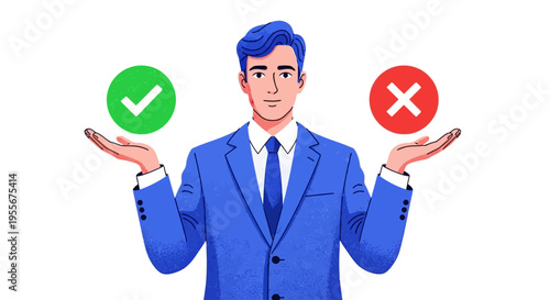Man choosing between a green checkmark and a red cross, symbolizing choice, decision making, and evaluation in business and life