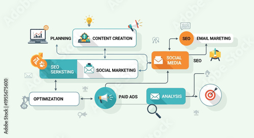 Digital marketing flowchart with icons.