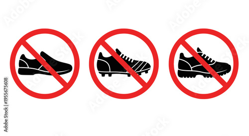 Set of three prohibition signs with different types of footwear crossed out in red circles on a white background