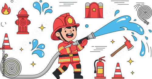 Firefighter cartoon character spraying water hose vector illustration with fire safety equipment hydrant extinguisher and emergency elements