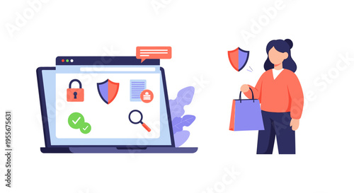 Secure Online Shopping & Data Protection. E-commerce Cybersecurity Illustration with Privacy Shields, Safe Transactions, and Consumer Trust.