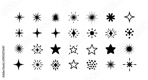 Collection of Various Starburst and Sparkle Icons Representing Light, Celebration, and Brilliance