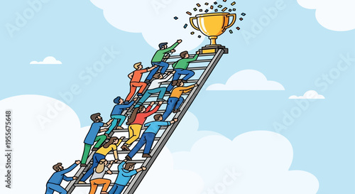 People climbing ladder to trophy success.