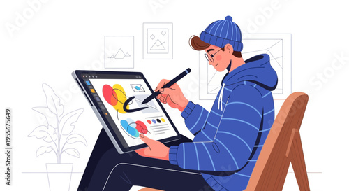 Man using digital drawing tablet computer.