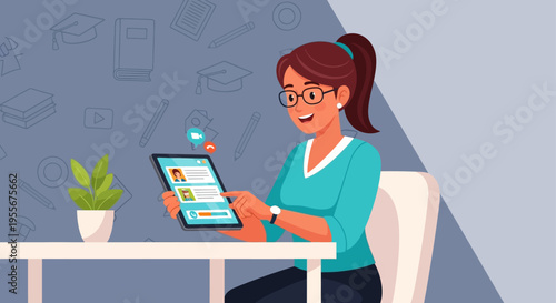 Woman Using Tablet At Desk.