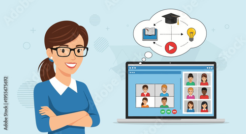 Woman in glasses standing with laptop.