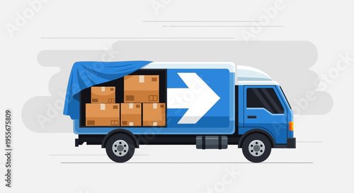 Blue Delivery Truck with Cardboard Boxes.