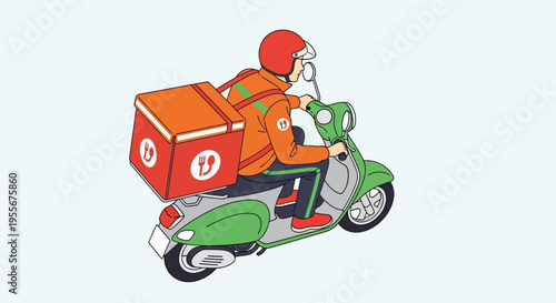 Delivery man on green scooter.