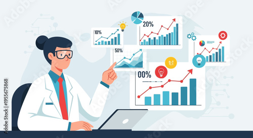 Businesswoman analyzing data on laptop.