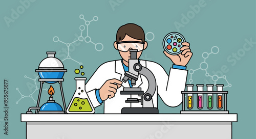 Scientist Examining Petri Dish Under Microscope.