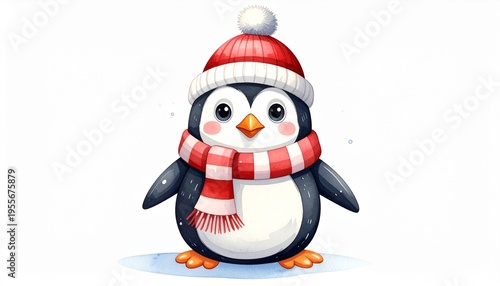 Wallpaper Mural Cute Cartoon Penguin Winter Illustration Red Scarf Festive Hat Snowy Background Cheerful Animal Visuals Torontodigital.ca