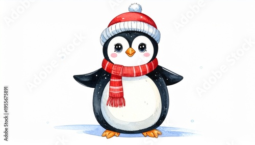 Wallpaper Mural Cute Cartoon Penguin Winter Illustration Red Scarf Festive Hat Snowy Background Cheerful Animal Visuals Torontodigital.ca