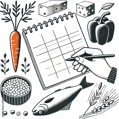 Assortment of Food Items and a Notebook for Planning