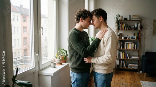 Young same sex couple of men hugging in a kitchen at home during daily routine. Casual moment and emotional connection. Concept of modern lifestyle and relationships.