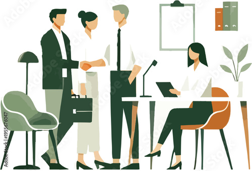 Business Meeting with Handshake and Desk Work Keywords: business, meeting, handshake, office