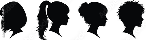 Female hairstyle silhouettes, women hair profiles, fashion beauty illustration, short bob, ponytail, bun, spiky haircut, elegance, diversity, art