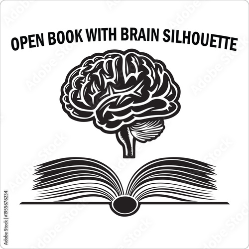 Open book knowledge brain silhouette, learning and idea concept, black vector