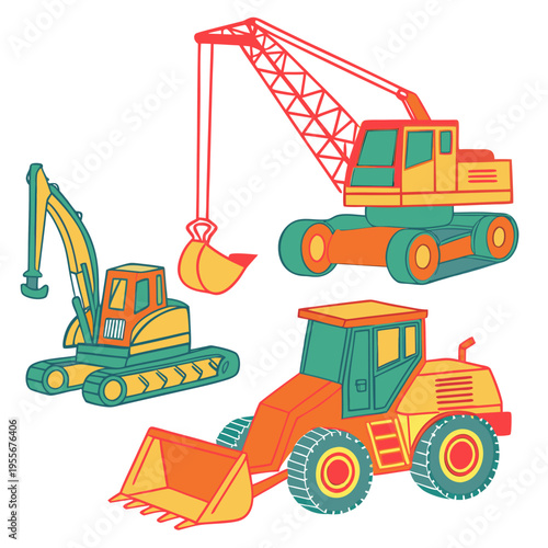 Construction vehicles including crane, excavator and bulldozer