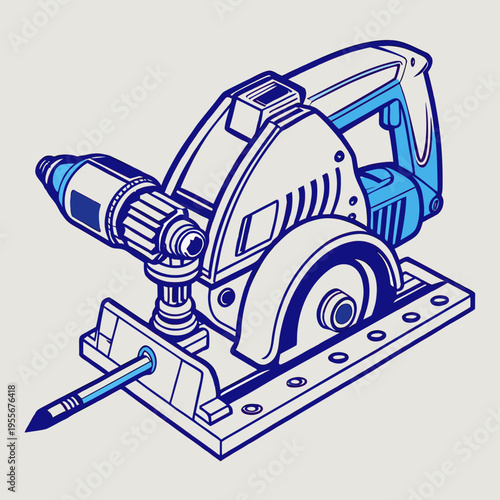 A blue and white drawing of a cordless drill