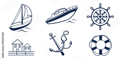 Nautical icons including sailboat, speedboat, and lifesaver