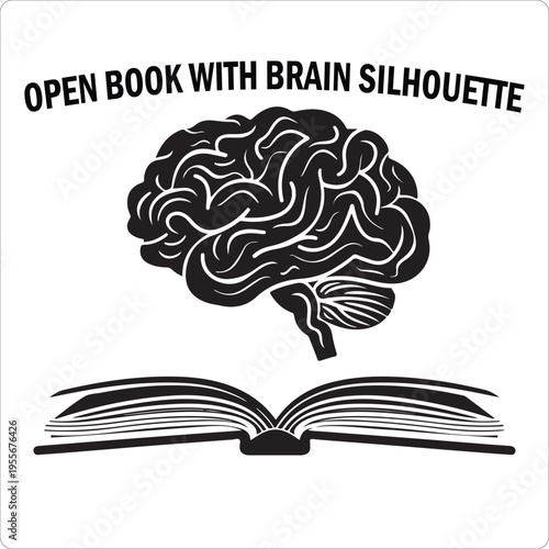 Open book with human brain silhouette, learning concept, black isolated vector