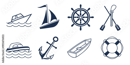Nautical icons including boats and ship elements