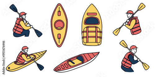 Kayaking illustrations with people and boats
