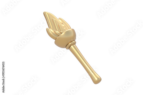 Golden fire torch isolated on white background. Ancient lamp. Vintage flambeau. 3d render