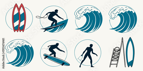 Surfing icons featuring waves and surfers
