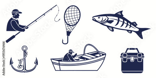 Fishing icons including people boat fish and tackle