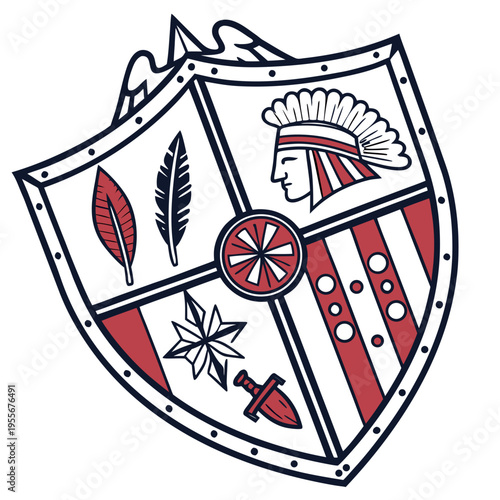 A shield with a feather, a dagger, a star, and a native american headdress