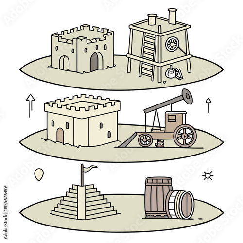 A set of medieval castle and fort structures