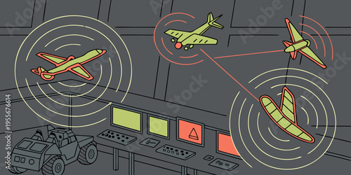 Air traffic control system with planes on radar screens