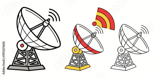 Three different satellite dishes shown in various designs and colors