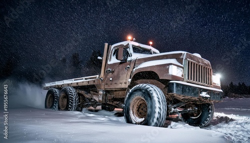mad max inspired big rig truck riding through night winter