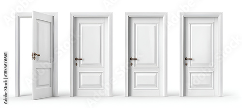 A collection of four classic, white interior doors. One is ajar, showing an opening; the other three are closed. They have paneled design