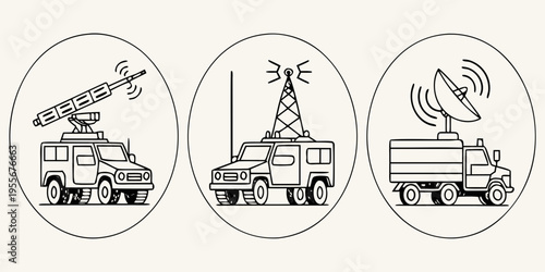 Communication trucks with various antennas and satellite dishes