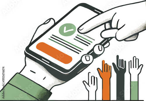 Hand selects option on smartphone with raised diverse hands