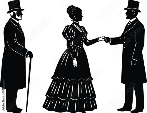 Victorian silhouette illustration, 19th century fashion attire, woman in ruffled dress with men in top hats, historical cultural design art