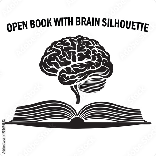 Open book with brain silhouette, knowledge and education concept, black vector isolated