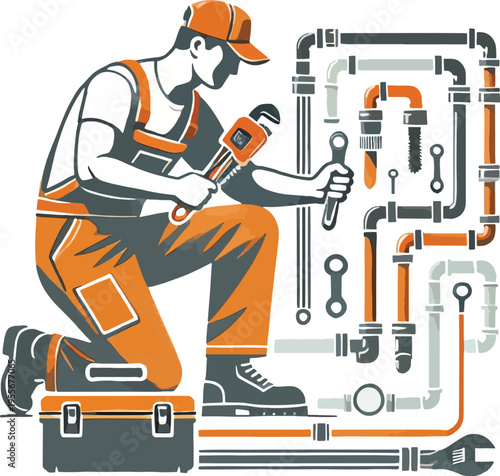 Plumber with tools works on pipes and toolbox mechanic