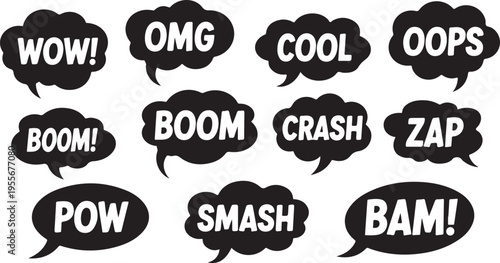 A collection of black speech bubbles displaying various onomatopoeia and interjections creating a dynamic visual effect silhouette high quality professional detailed modern elegant stylish clean crisp