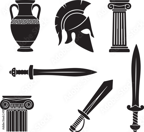 An arrangement of ancient greek artifacts including pottery weaponry and architectural elements all in black silhouette high quality professional detailed modern elegant stylish clean crisp vibrant