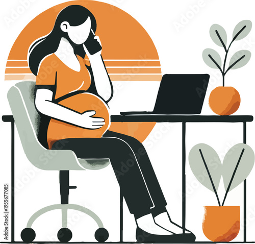 Pregnant woman on phone at desk with laptop and plants