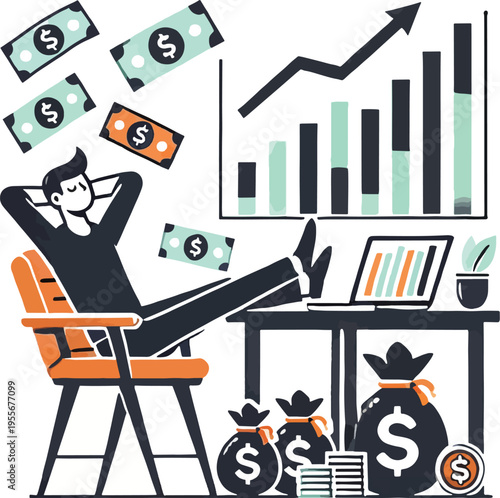 Relaxed Man With Money and Growing Financial Chart