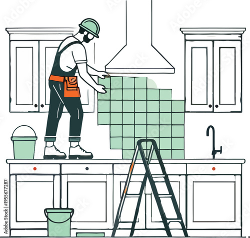 Tiler installing tiles in a kitchen illustration construction