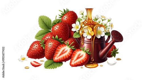 Gourmet Still Life with Fresh Strawberries, Golden Drip Honey, and Flowers on Transparent Background
