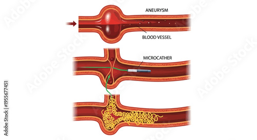 Medical illustration showing the endovascular coiling procedure for treating an aneurysm in a human blood vessel.