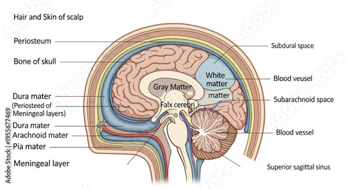 Detailed medical diagram illustrates the cross section of the human brain layers and associated structures