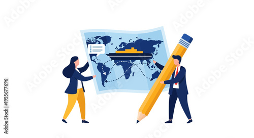 Businessman holding large yellow pencil.